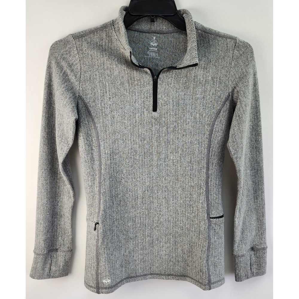 Senita Athletics Pull Over Sweater Women's S Gray Herringbone 1/4 Zip Athleisure